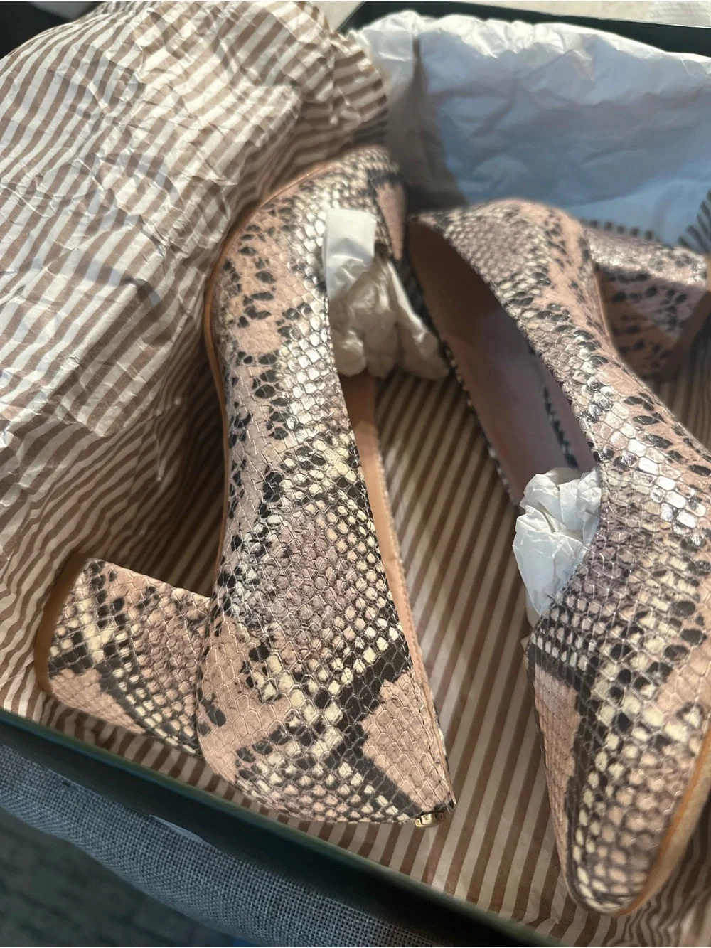 Snake-Skin Block Heel Pumps in Black and Gray
